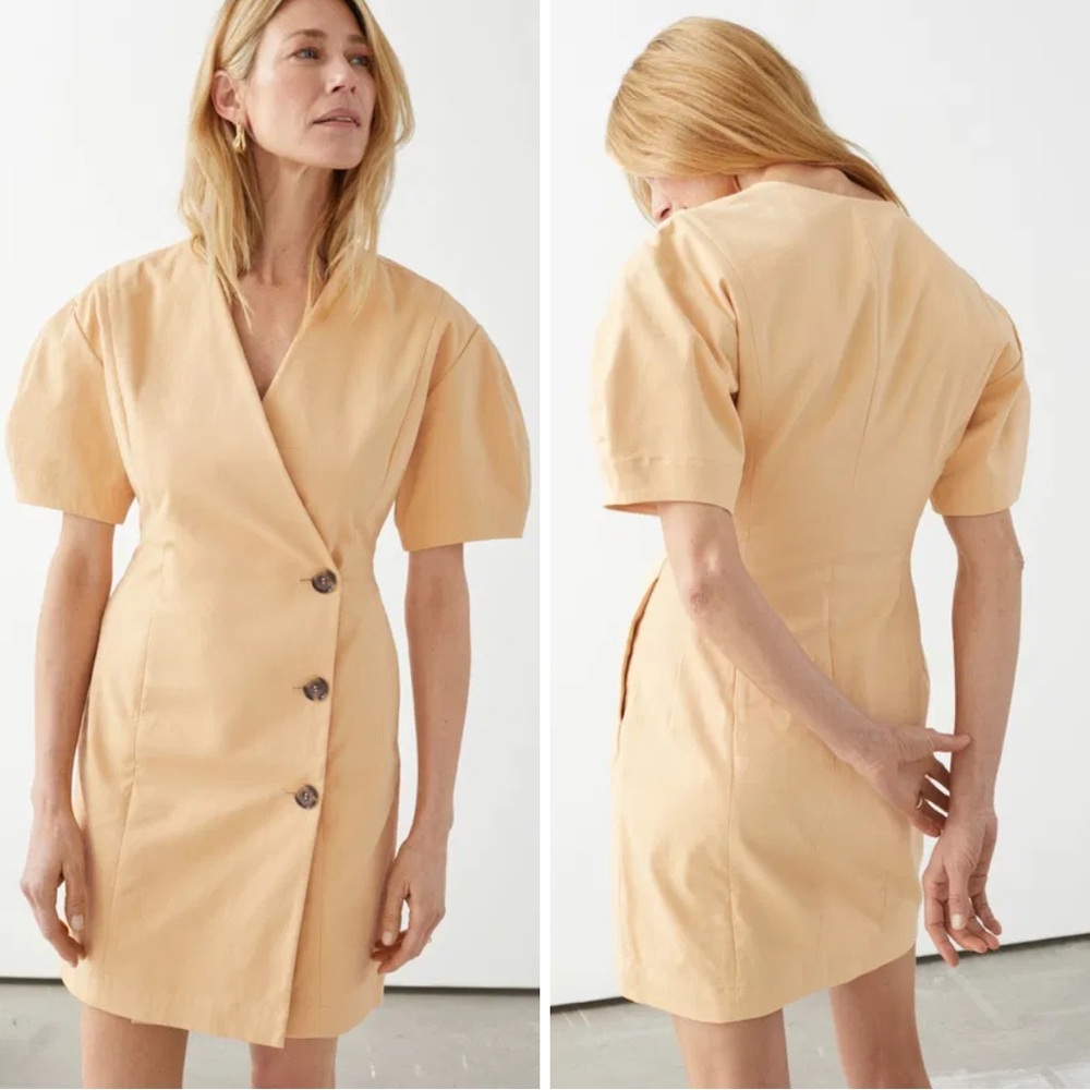 & Other Stories Fitted Button Wrap Mini Dress in Dusty Yellow